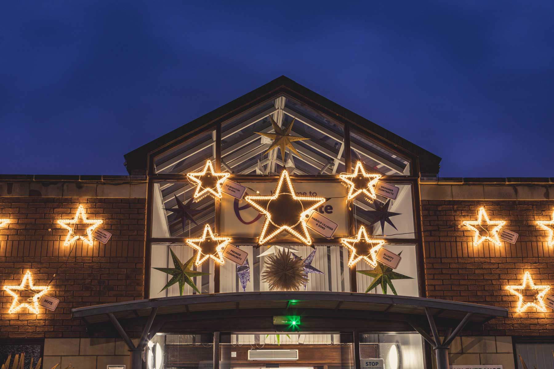Many LED stars on Ashgate Hospice building