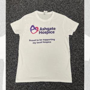 White t-shirt with the Ashgate Hospice logo and the text "Proud to be supporting my local hospice."