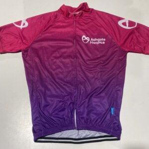 The front of an Ashgate Hospice cycling jersey. Features the Ashgate Hospice logo.