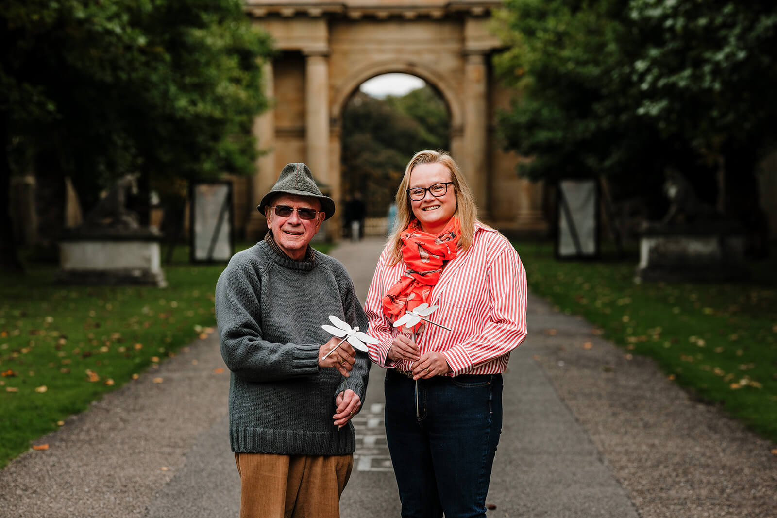 Barry and Clare holding a Dragonfly at Chatsworth.