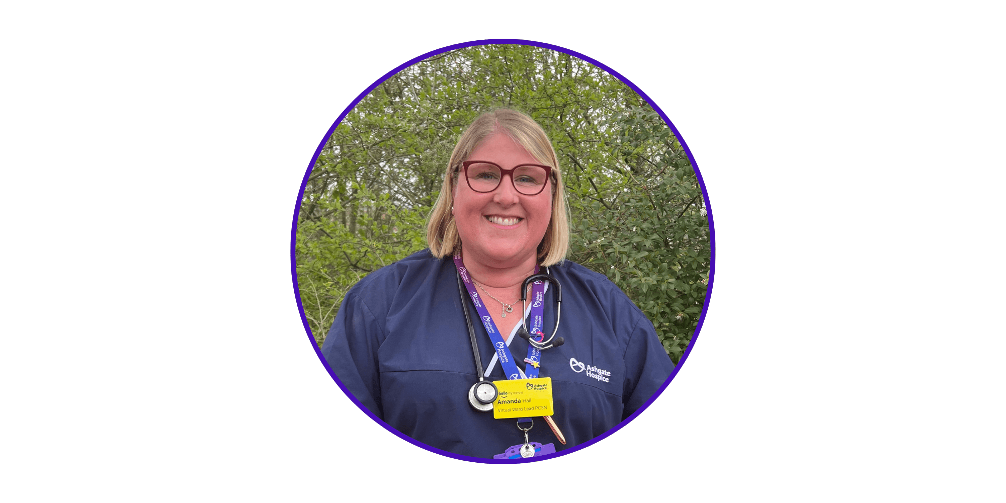 Amanda Hall in her nurses uniform in the gardens at Ashgate Hospice.