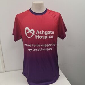 Front of an Ashgate Hospice running T-shirt.